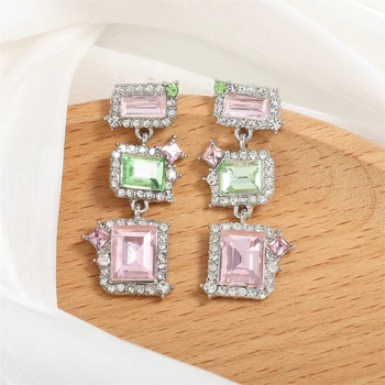 FEEHOW Geometrické Štvorcové Zirkóny Visieť Náušnice Pre Ženy, Luxusné Zelená Ružová Crystal Svadobné Náušnice Svadobné Šperky