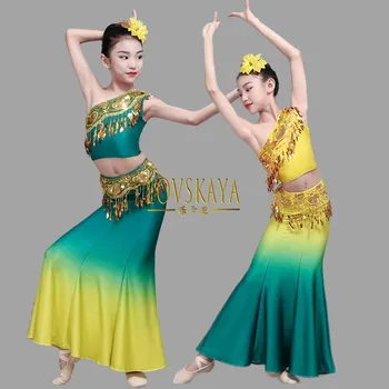 Nové Dai etnických tanec páva taška zadok rybí chvost sukne pre deti výkon oblečenie tanečné predstavenie oblečenie