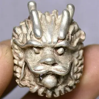 3 cm Vzácne Staré Čínske Miao Striebro Dynastie Palác Dragon Vedúci Krúžku