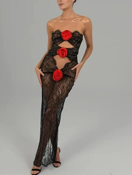 Z Priesvitných Šatách Jeseň Chudá Elegantné Party Clubwear 2023 Fantoye Kvet Sexy Ramienok Čipky Ženy Maxi Šaty Black Duté