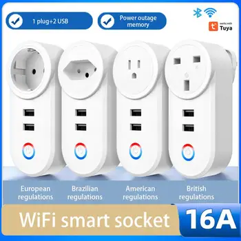 16A Tuya Wifi Smart Zásuvky S 2 USB Nabíjací Adaptér do Zásuvky EÚ a USA, UK, Brazília Konektor Smart Život Ovládanie Prostredníctvom Alexa Domovská stránka Google