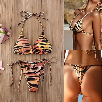 Ženy Sexy Dve Kus Bikini Set Plavky, plavky Plavky, plážové oblečenie Tiger tlačiť pásik bikiny