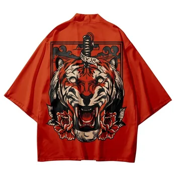 Červené Tigrie Meč Tlač Košele Kabát Tradičné Kimono Muži Ženy Yukata Japonský Štýl Cardigan Cosplay Haori Oblečenie Plus Veľkosť