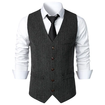 Pánske Bežné Klasický Oblek Vesta V Krku pričom Uhlopriečny Tweed Slim Fit Business Vesta Pre Svadbu