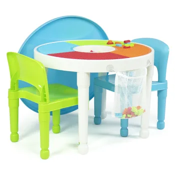 Pokorný Posádky Dieťa 2-v-1 Plastové Činnosť, Stôl a 2 Stoličky Nastaviť, Okrúhle, Biele, Modré & Zelená