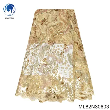 Kráľovské a Šľachtické Zlaté Šaty pre Ženy Afriky Flitrami Čipky s francúzskym Ťažké Korálkové Čipky Textílie na spoločenské Šaty ML82N306