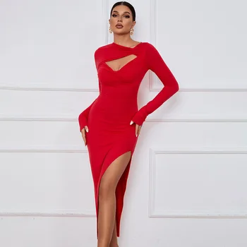 Dámske Večerné Šaty Sexy Duté Z Dlhý Rukáv Maxi Šaty 2024 Letné Módy Elegantná Červená Čierna Split Dlhé Šaty