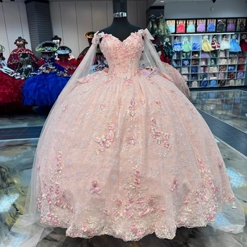 2024 Ružovú Sexy tvaru Sladké Quinceanera Šaty 3D Kvet S Cape Sladké 15 Narodeninovej Party Šaty Luxusné Dievča vestidos de 15anos