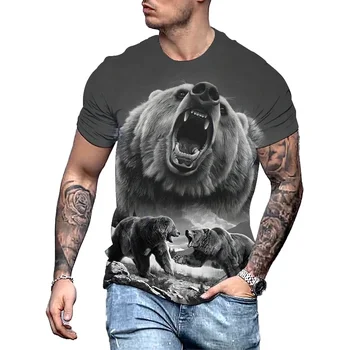 Pánske 3D medveď tlačené okolo krku T-shirt, veľké bežné krátke rukávy sveter, módne street oblečenie, letné trendy clothin