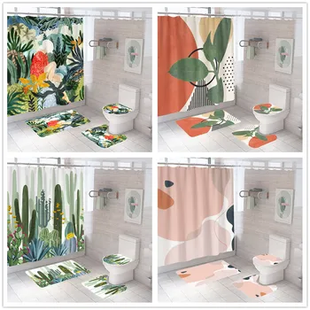 3D Kvet Kaktusu Tlač Nordic Štýl Sprchový Záves Zelené Lístie, Kúpeľňa Set S Záclony Prírodnej Krajiny Domov Vaňa Obrazovke