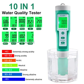 10-v-1 Kvalita Vody Tester PH Metre ES TDS ORP H2 Úrodné Salinity, S. G. Rezistivita Teplota meradla, Podsvietený LCD Displej