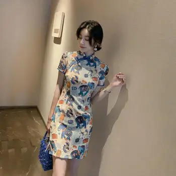 2023 retro móda a štýl tlače cheongsam lepšiu nový čínsky štýl, ženy denne krátkym rukávom tenký, krátky qipao šaty s455