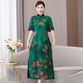 2023 letné nový Čínsky štýl, výšivky tradičné denne dlhé cheongsam šaty elegantné disk pracky ženské sukne
