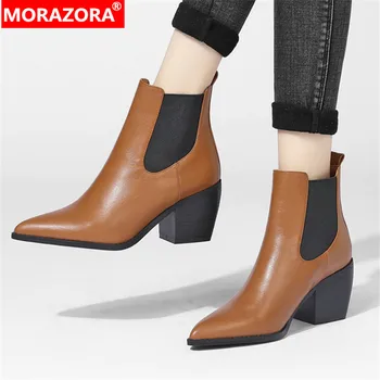MORAZORA 2022 Plus Veľkosť 43 Hrubé Vysoké Podpätky Dámske Členkové Topánky Leopard Namieril Prst na Jeseň Zima Populárne Chelsea Boots Ženy