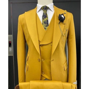Horčica Žltá Formálne Muži 3 Kusy Svadobné Obleky Ženícha Smoking Slim Fit Business Prom Party Oblek, Kostým Homme (Sako+Vesta+Nohavice)