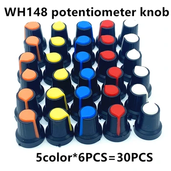 30pcs 5color WH148 potenciometer gombík spp(medené jadro) 15X17mm 6 mm Hriadeľ, Diera AG2 Žltá, Oranžová, Modrá Biela Červená 5color*6PCS=30PCS