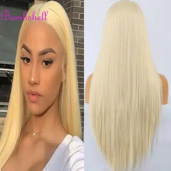 Bomba Blond Farba Priamo Syntetické 13X4 Predné Čipky Parochne Glueless Vysoká Kvalita Tepelne Odolných Vlákien Vlasy Pre Ženy Cosplay