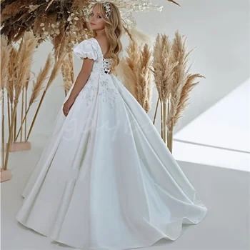 Biela Kvetina Dievča Šaty Pre Svadobné 3D Korálkové Kvety Satin A-Line Skladaný Narodeniny Sprievod Prvé sväté Prijímanie Plášte