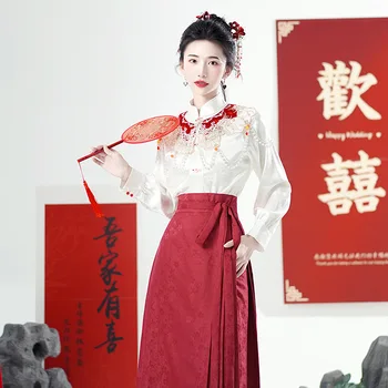 Ming Hanfu Čínsky Nový Rok Červené Šaty Moderný Štýl Výšivky Lietadla Rukávy Prímestských Kôň Tvár Sukne Denne Pracujú Oblečenie