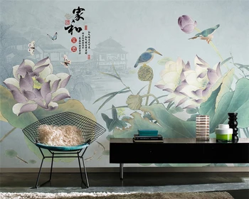 WELLYU 3D Vlastné nové wall paper čínsky štýl, ručne maľované lotus vták ilustrácia moderné tapety gauč tv tapetu pozadia