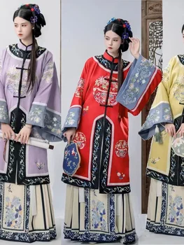 Retro Ťažký Priemysel Starožitnosti Oblečenie Žien Qing Dynastie Kvet Voľné Dlhý Rukáv Výšivky Cheongsam Šaty Qipao Cospaly