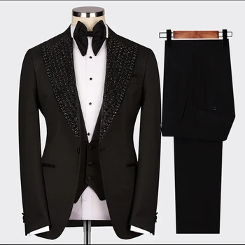Black Klenot Kameň Svadobné Obleky Pre Mužov Luxusný 3 Ks Sa Nastaví Ženícha Tuxedos Obchodné Muž Prom Blejzre Terno Masculinos Completo