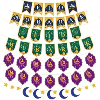 EID MUBARAK Banner Ramadánu Dekorácie EID Hviezdy, Mesiac List Papiera Bunting Garland Moslimských Islamskej Festival Strany DIY Dekorácie