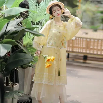 Dynastie Ming Hanfu Vyhovovali Žltý Štvorec Golier Motýľ Slnečnice Vyšívané Dlhé Rukávy Top Biele Sukne Ženy Roztomilý Tang Oblek