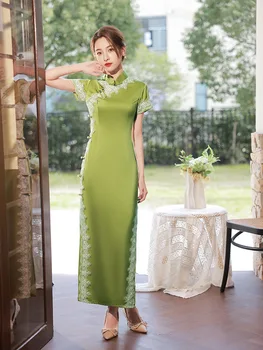 Ženy Zelená Saténová Čipka Cheongsam Vintage Krátky Rukáv Šaty Čínskej Tradičnej Slim Dlho Qipao