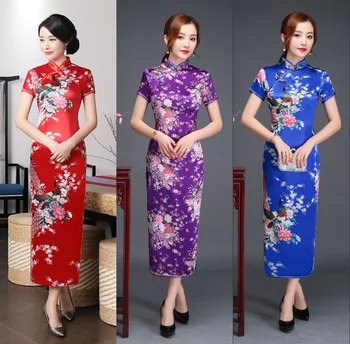 Červená Slim Čínskej Tradičnej Cheongsam Krátky Rukáv Predné Split Vintage Šaty Ženy Dlhé Šaty Slivka Qipao