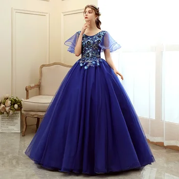 Kráľovská Modrá Quinceanera Šaty, Krátky Rukáv Sladké Kvetinové Party Šaty Luxusnej Čipky Plesové Šaty, Klasické Boho Vestidos Pre Dievčatá