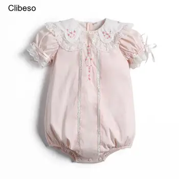 2024 Clibeso Baby Girl Boutique Ružová Romper Ručne Vyrobené Výšivky Kvet Bavlny Jumpsuit Novorodenca Krst, Krstiny Lete
